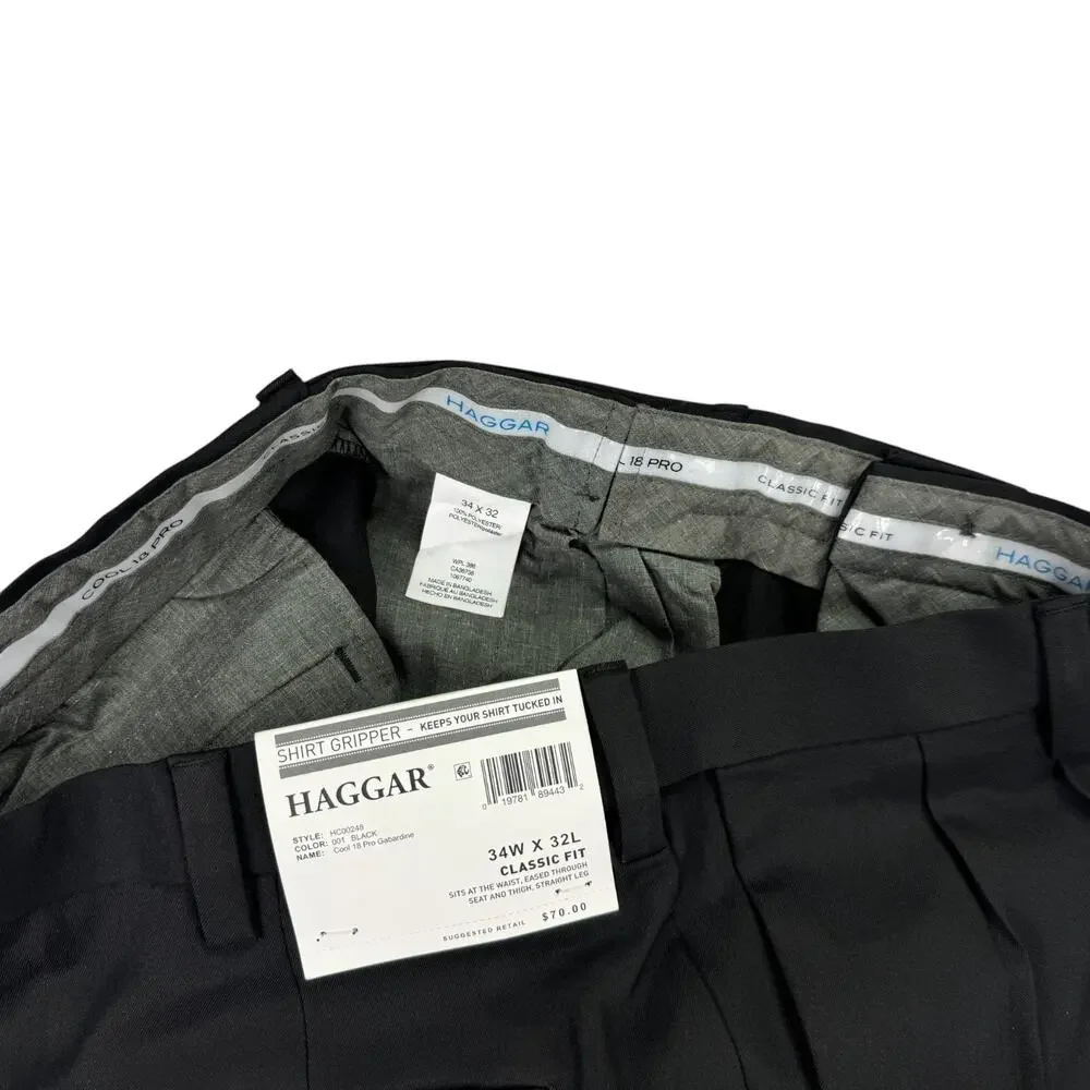 Haggar Mens Cool 18 Pro Classic Fit Pleated Stretch Dress Pants Black 34x32